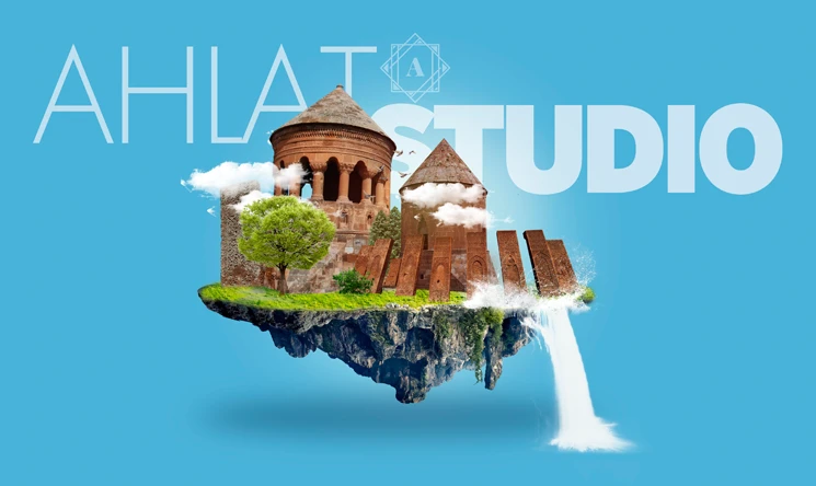 Ahlat Studio — Ahlat mezar taşları ve kümbetlerin yer aldığı yüzen ada illüstrasyonu